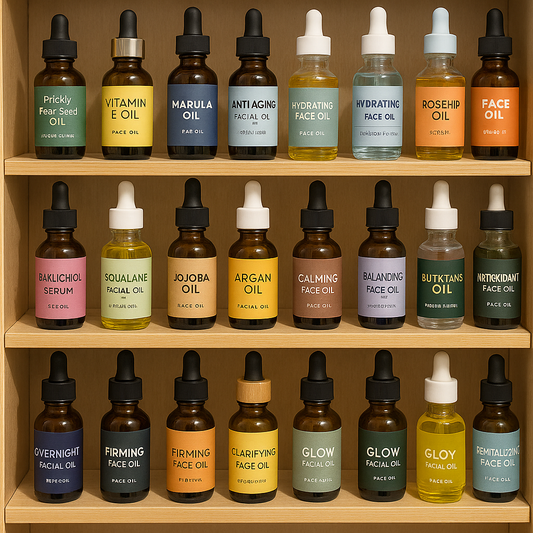 Face oils on shelf — jojoba, argan, rosehip vs filler oils like soybean